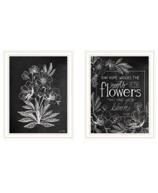 "Vintage Chalkboard Blooms" 2-Piece Vignette by House Fenway; Ready to Hang Framed Print; White Frame