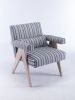 Accent chair; KD rubber wood legs with black finish. Fabric cover the seat. With a cushion.Blue Stripe