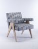 Accent chair; KD rubber wood legs with black finish. Fabric cover the seat. With a cushion.Blue Stripe