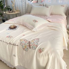 Korean Ice Silk Summer Quilt Four-piece Set Embroidery Lace Air Conditioning Cool Feeling Thin Duvet (Option: Butterfly Love Beige-200x230cm Quilt)