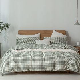 Cotton Yarn-dyed Washed Cotton Four-piece Set Japanese Muji Style (Option: Green Small Grid-1.5M-Fitted Sheet)