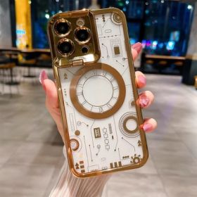 Electroplating Circuit Plate Magnetic Lens Frame Bracket Phone Case (Option: Gold-IPhone14ProMax)