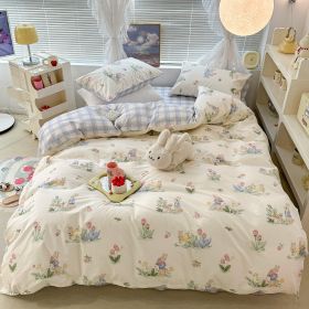 Cute Floral Rabbit Cotton Four-piece Set Pastoral Cotton Quilt Cover Bed Sheet Three-piece Set (Option: Flower Rabbit-18m Fitted Sheet)