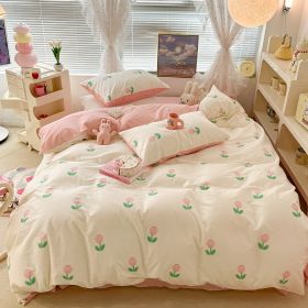 Cute Floral Rabbit Cotton Four-piece Set Pastoral Cotton Quilt Cover Bed Sheet Three-piece Set (Option: Pink Small Curcuma Aromatica-18m Fitted Sheet)